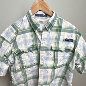 Columbia PFG Super Bahama Plaid Short Sleeve Fishing Shirt Green Size L